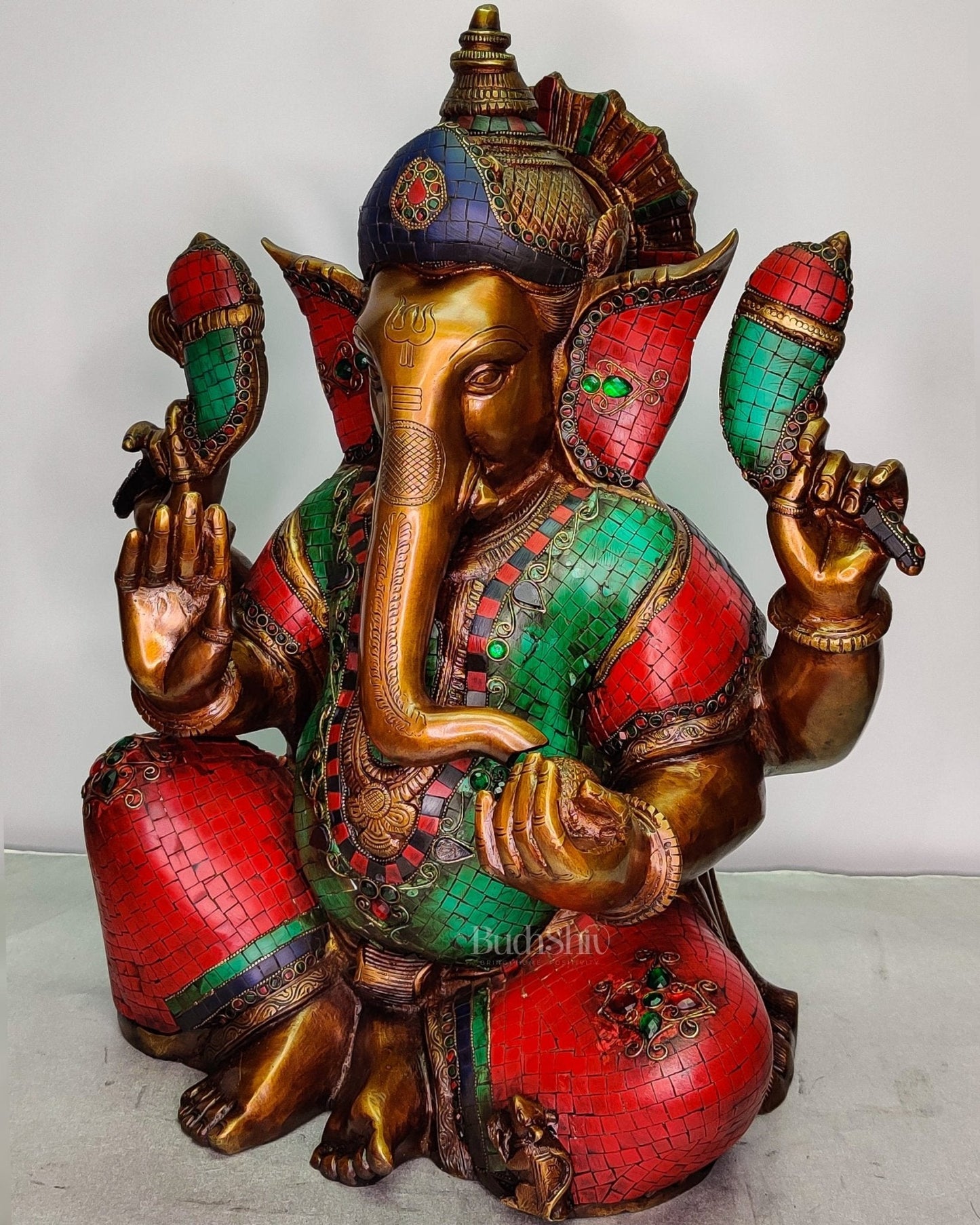 Ganesha Brass Idol with Rustic Stonework and Antique finish 20 inch