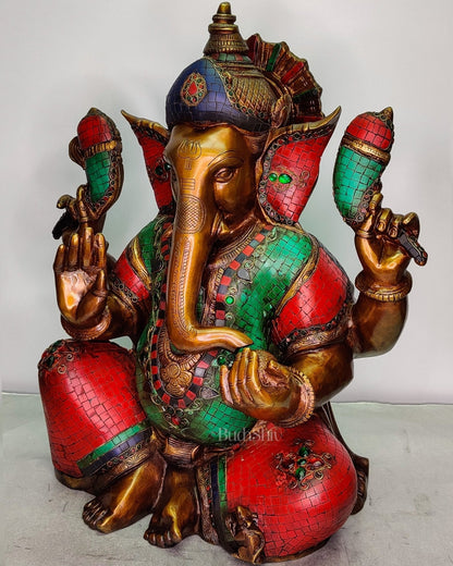 Ganesha Brass Idol with Rustic Stonework and Antique finish 20 inch