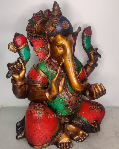 Ganesha Brass Idol with Rustic Stonework and Antique finish 20 inch