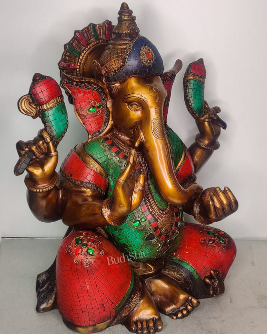 Ganesha Brass Idol with Rustic Stonework and Antique finish 20 inch