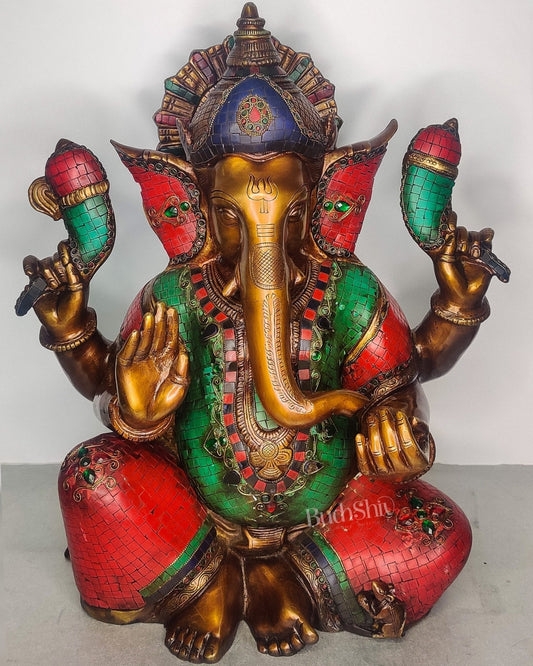 Ganesha Brass Idol with Rustic Stonework and Antique finish 20 inch
