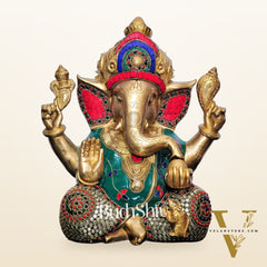 Ganesha Brass Idol with stonework 12 inch