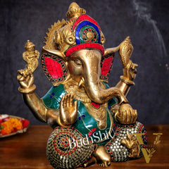 Ganesha Brass Idol with stonework 12 inch