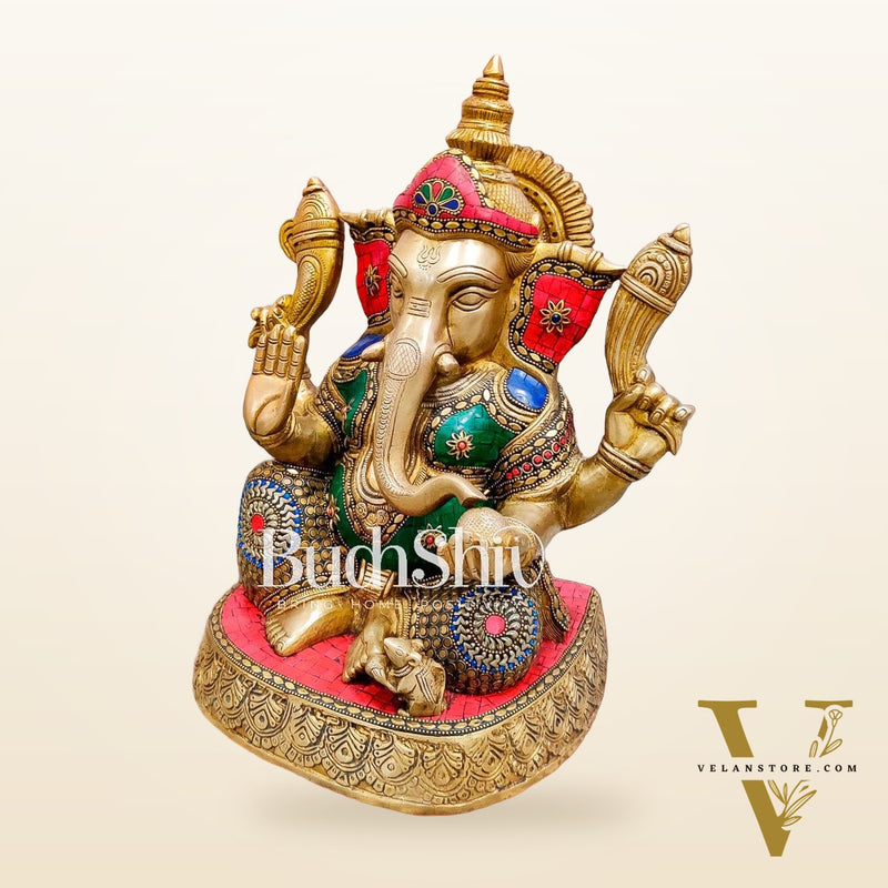 Ganesha Brass Idol with stonework 15 inches