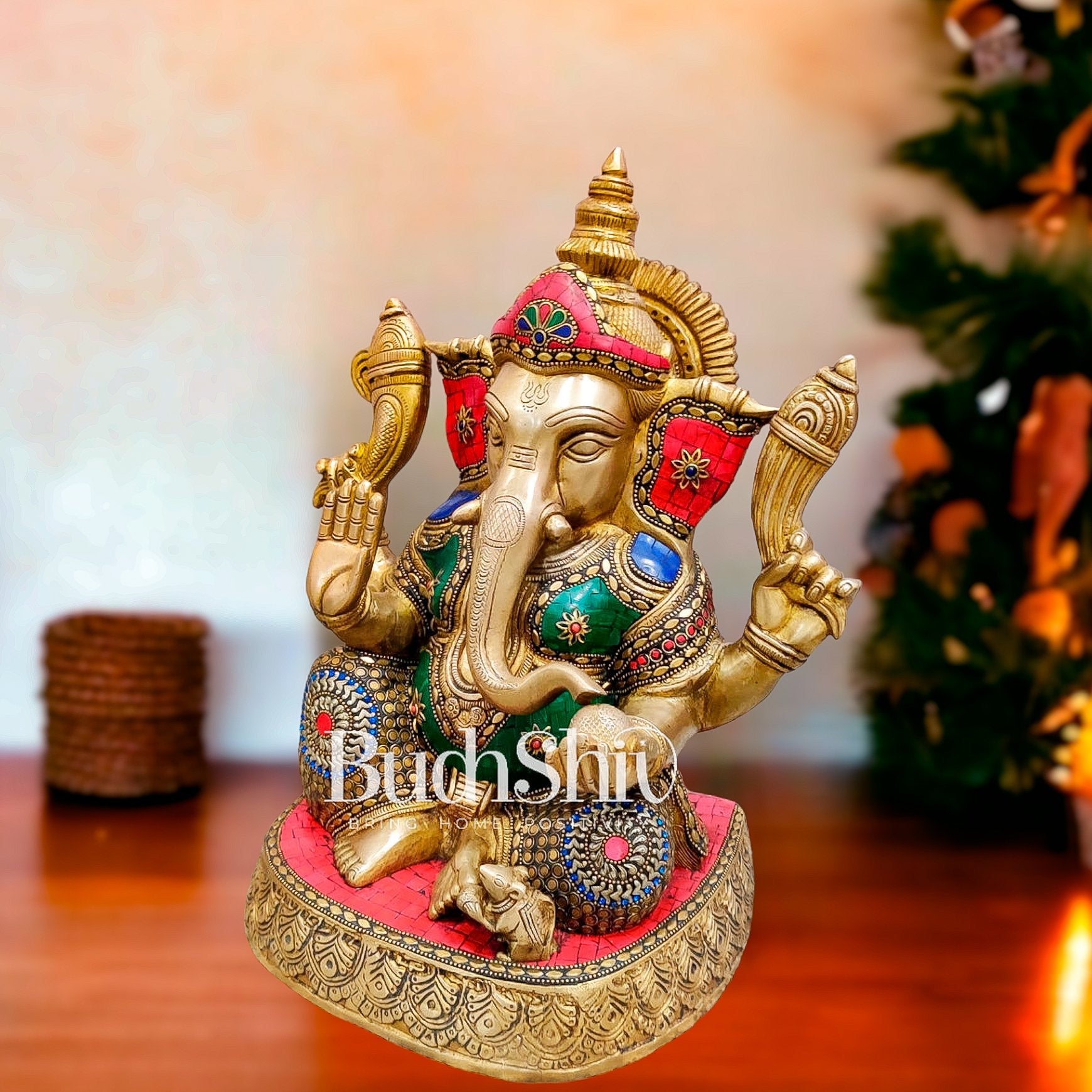 Ganesha Brass Idol with stonework 15 inches