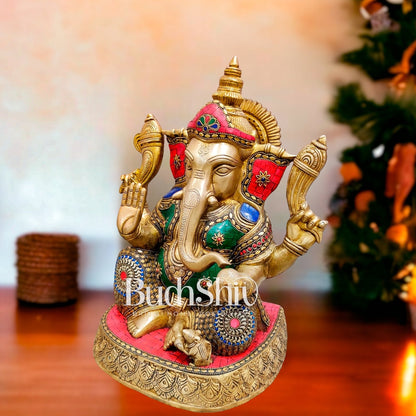 Ganesha Brass Idol with stonework 15 inches