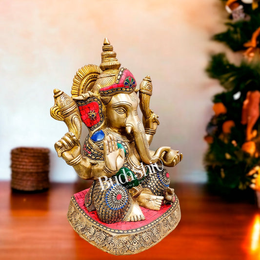 Ganesha Brass Idol with stonework 15 inches