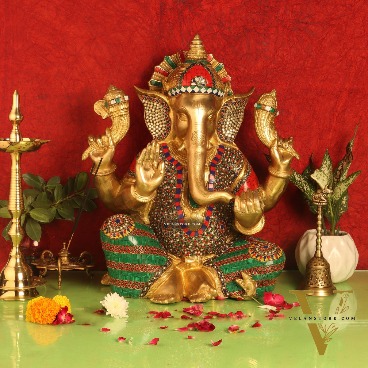 Ganesha Brass Idol with stonework 20 inch