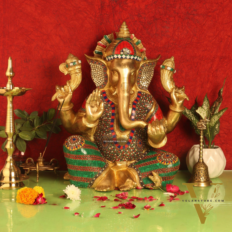 Ganesha Brass Idol with stonework 20 inch