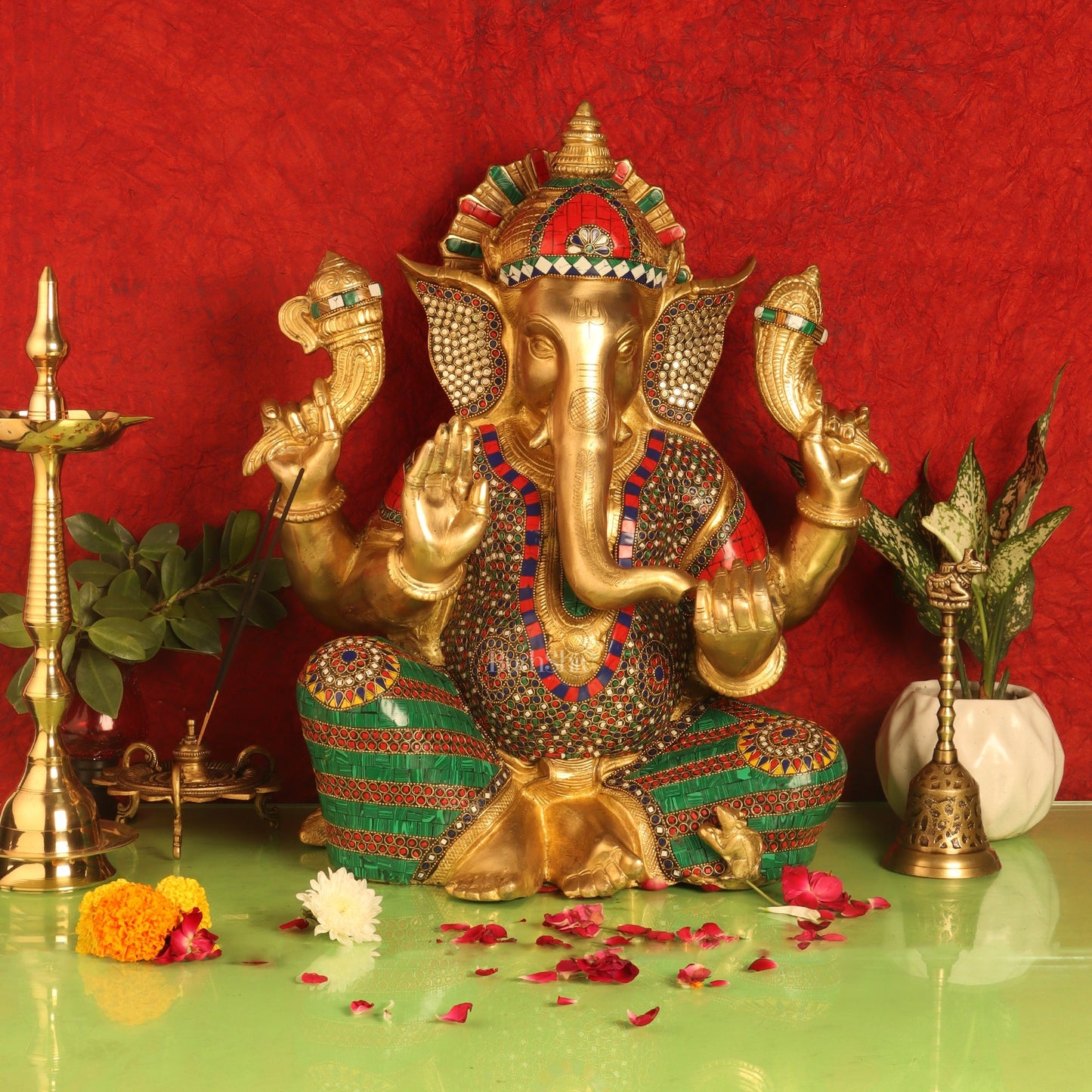 Ganesha Brass Idol with stonework 20 inch