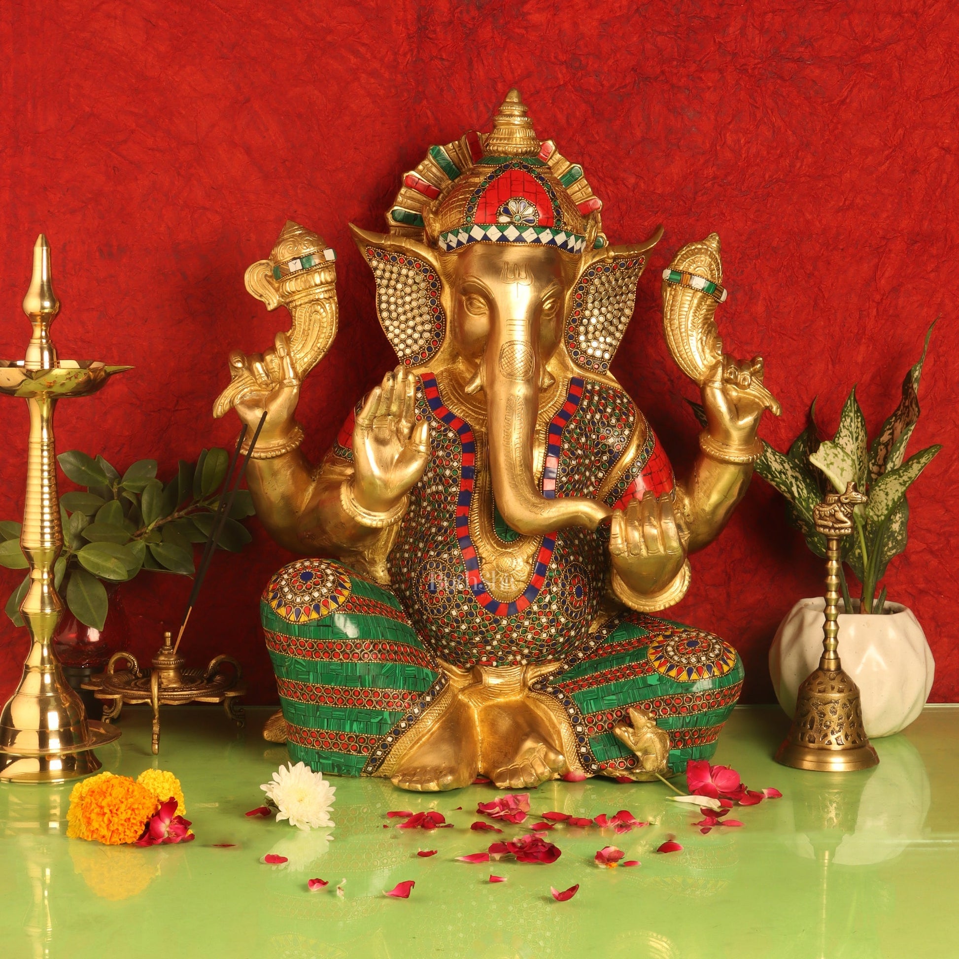 Ganesha Brass Idol with stonework 20 inch