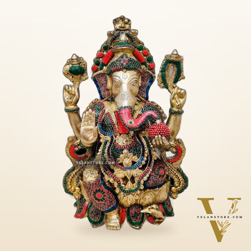 Ganesha Brass Idol with stonework 21 inches