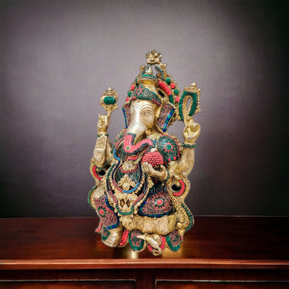 Ganesha Brass Idol with stonework 21 inches