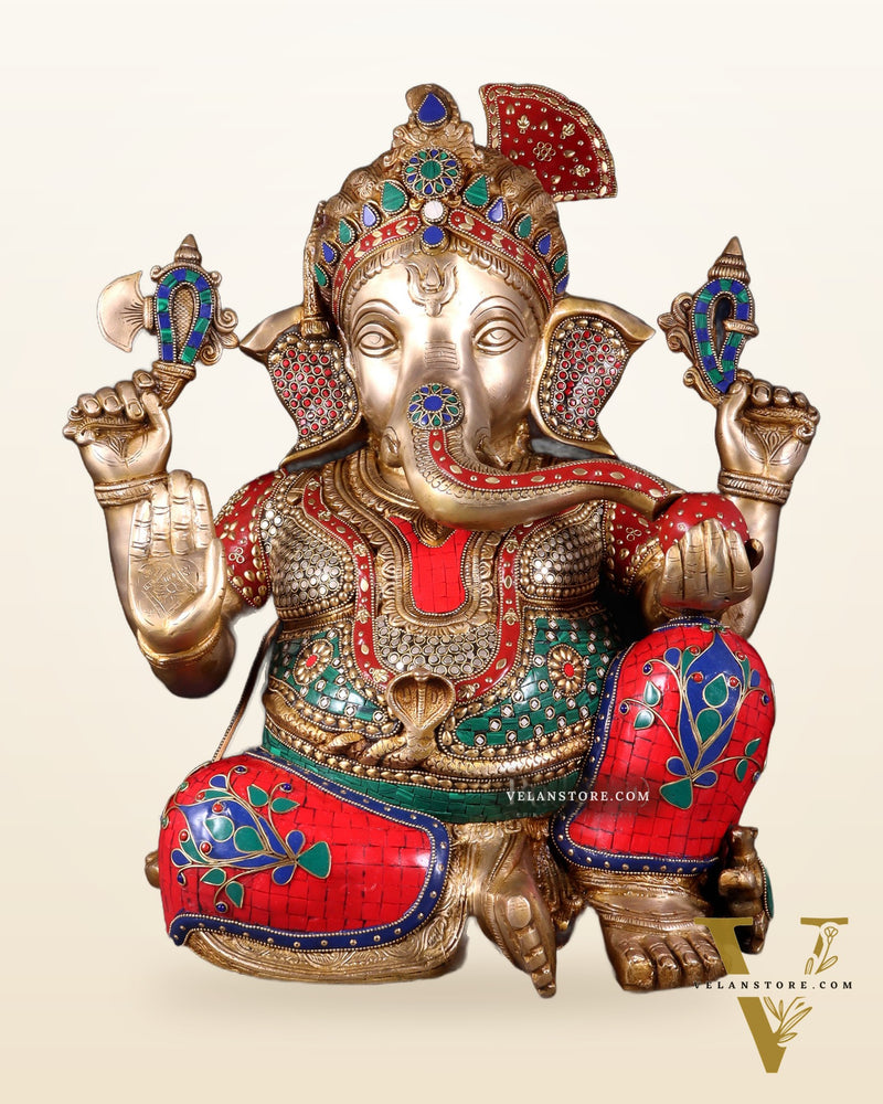 Ganesha Brass large statue 21 inch with stonework