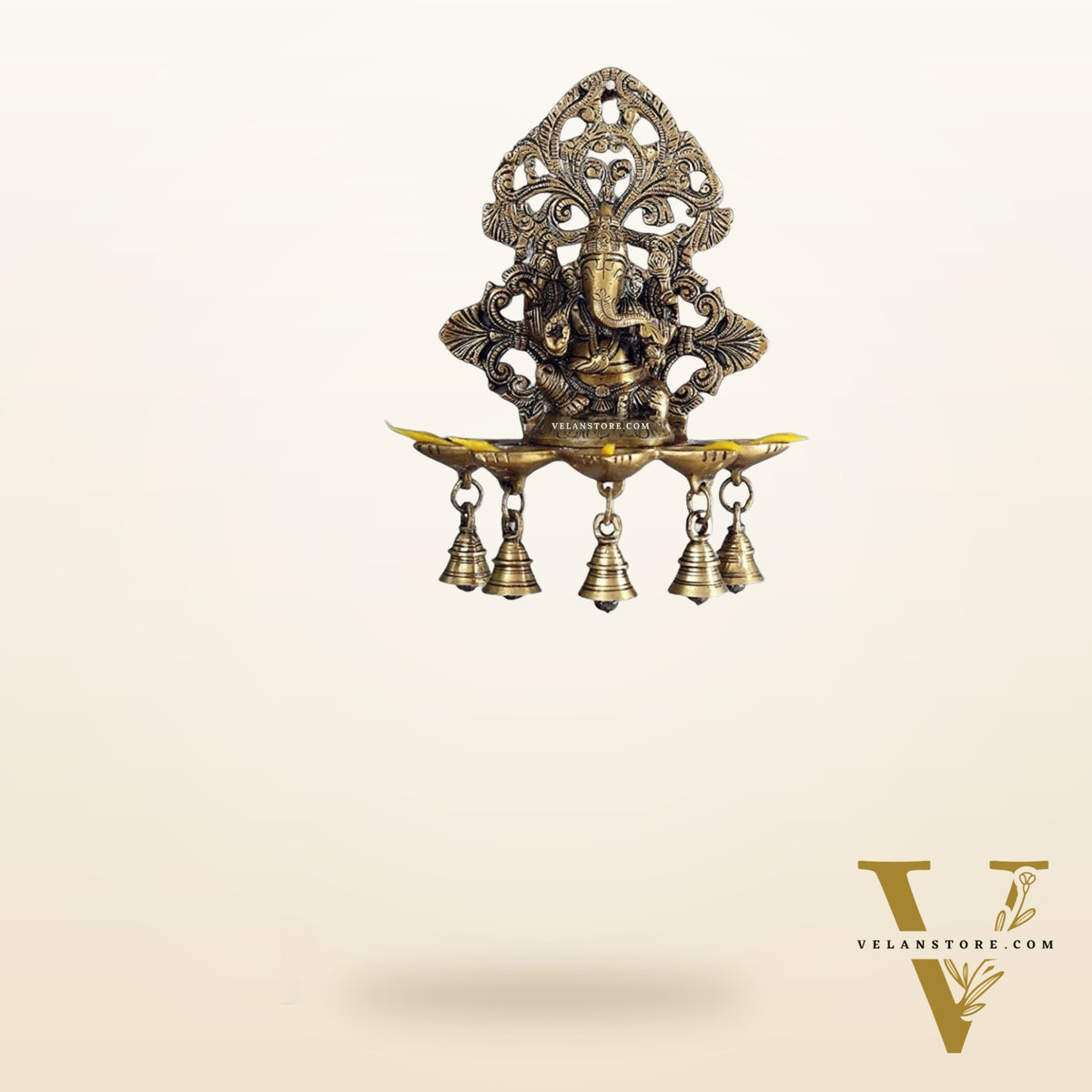 Ganesha Brass Panchdeep with bells oil lamp for wall