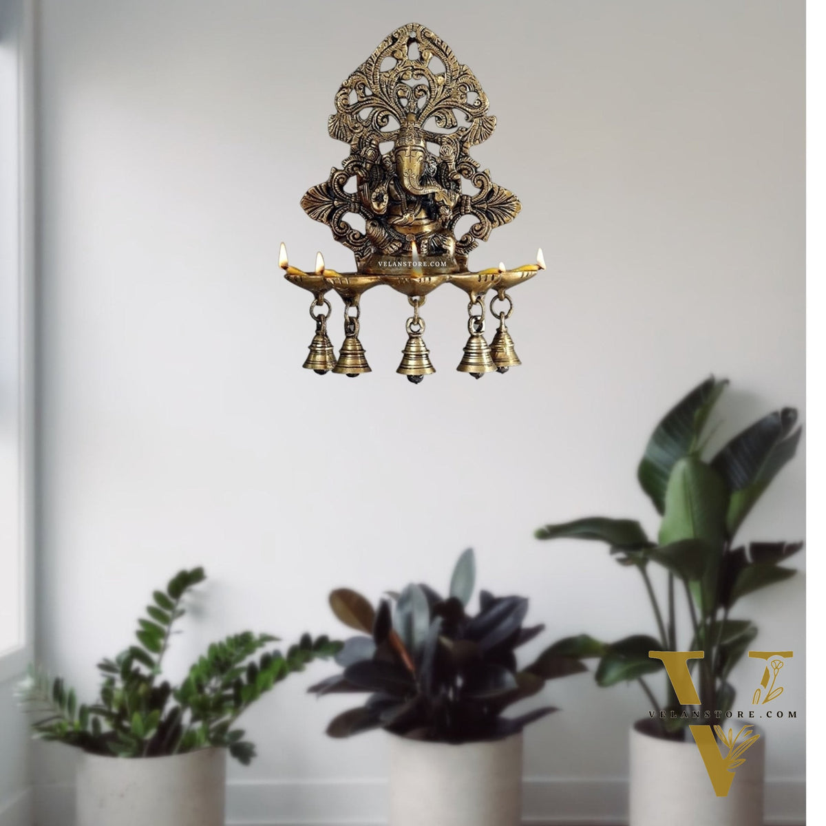 Ganesha Brass Panchdeep with bells oil lamp for wall
