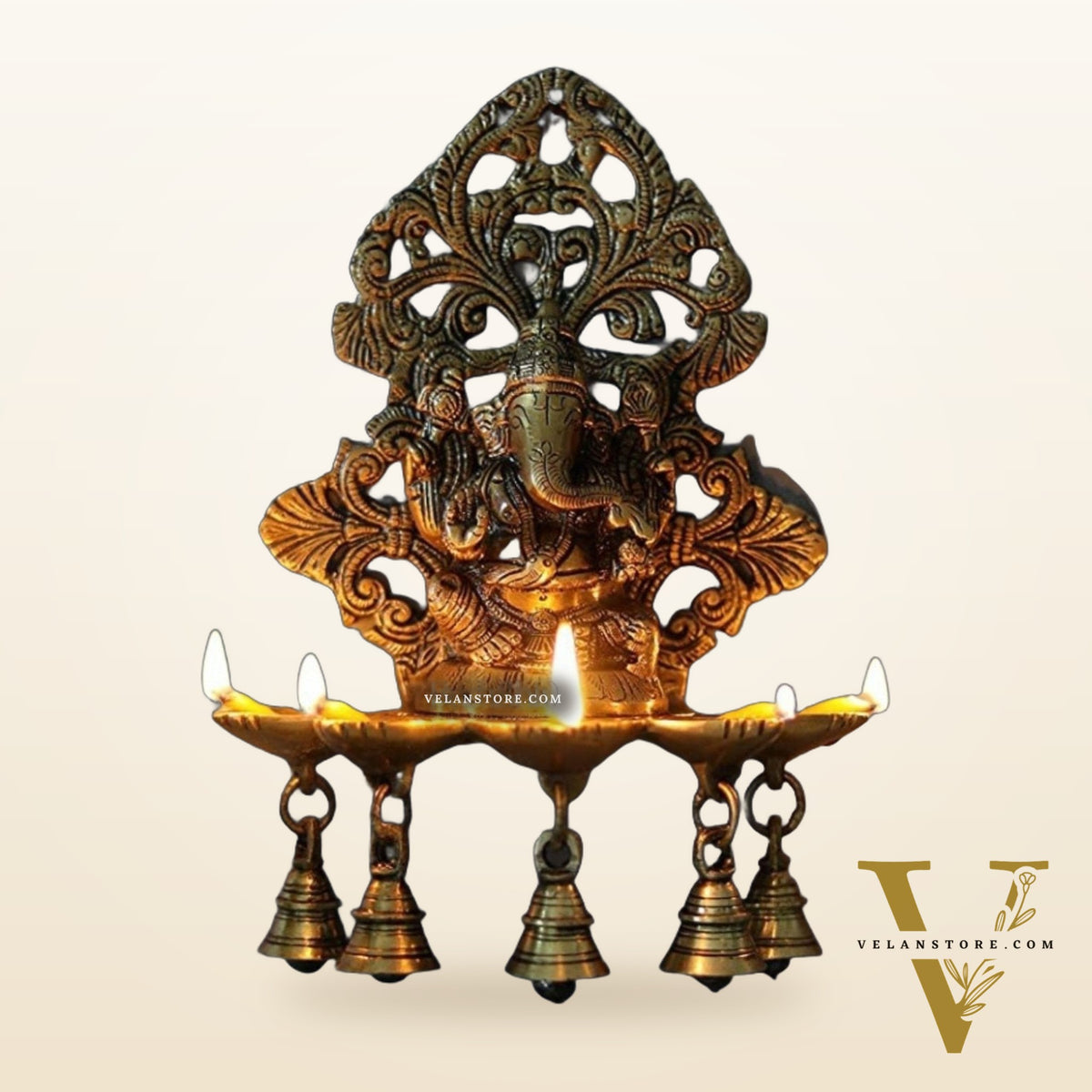 Ganesha Brass Panchdeep with bells oil lamp for wall