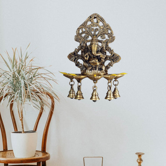 Ganesha Brass Panchdeep with bells oil lamp for wall