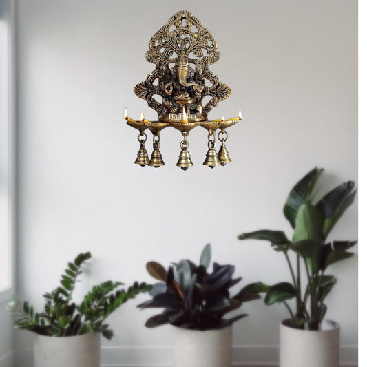 Ganesha Brass Panchdeep with bells oil lamp for wall