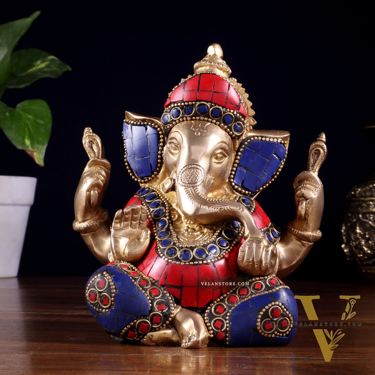 Ganesha Brass Sculpture with stonework 6 inch