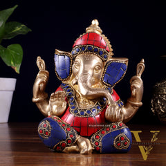 Ganesha Brass Sculpture with stonework 6 inch