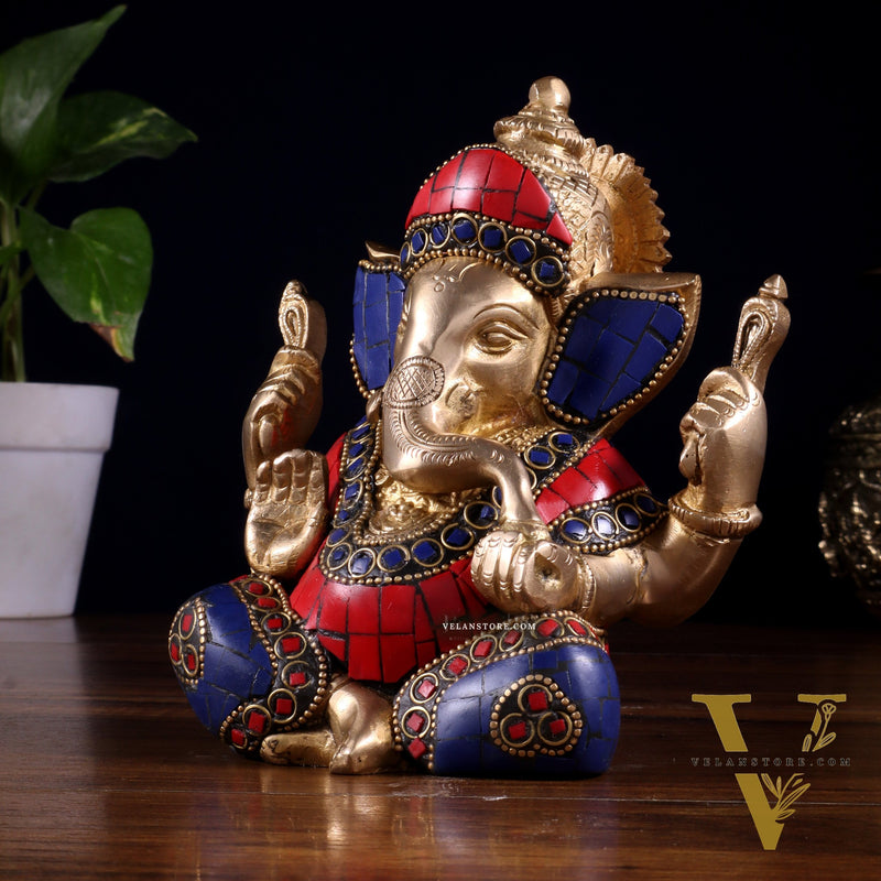 Ganesha Brass Sculpture with stonework 6 inch