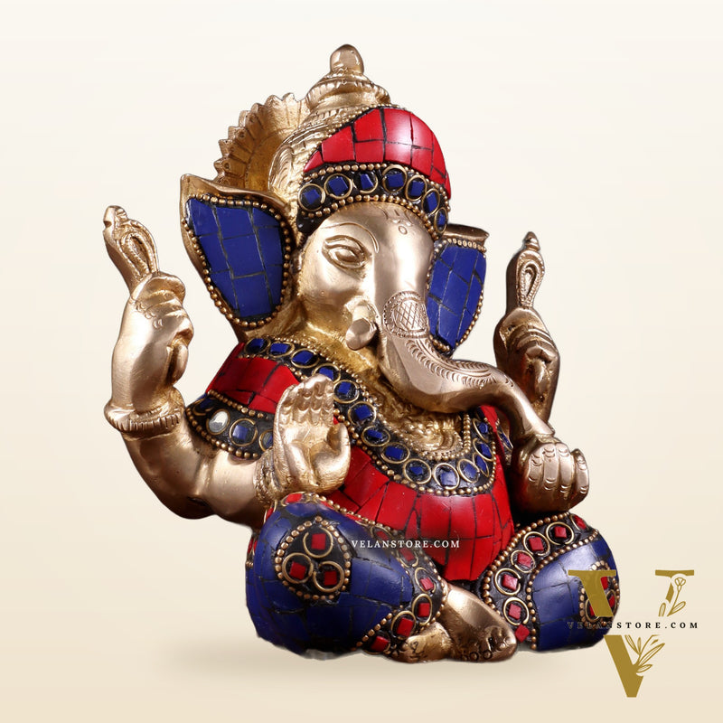 Ganesha Brass Sculpture with stonework 6 inch
