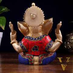Ganesha Brass Sculpture with stonework 6 inch