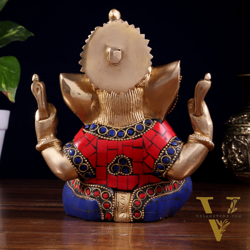 Ganesha Brass Sculpture with stonework 6 inch