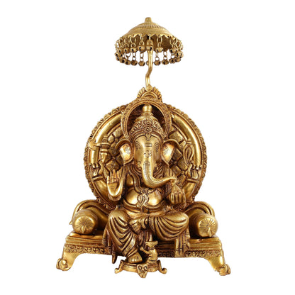 Pure Brass Ganapati Statue - 18 Inches | Ganesha on Royal Throne