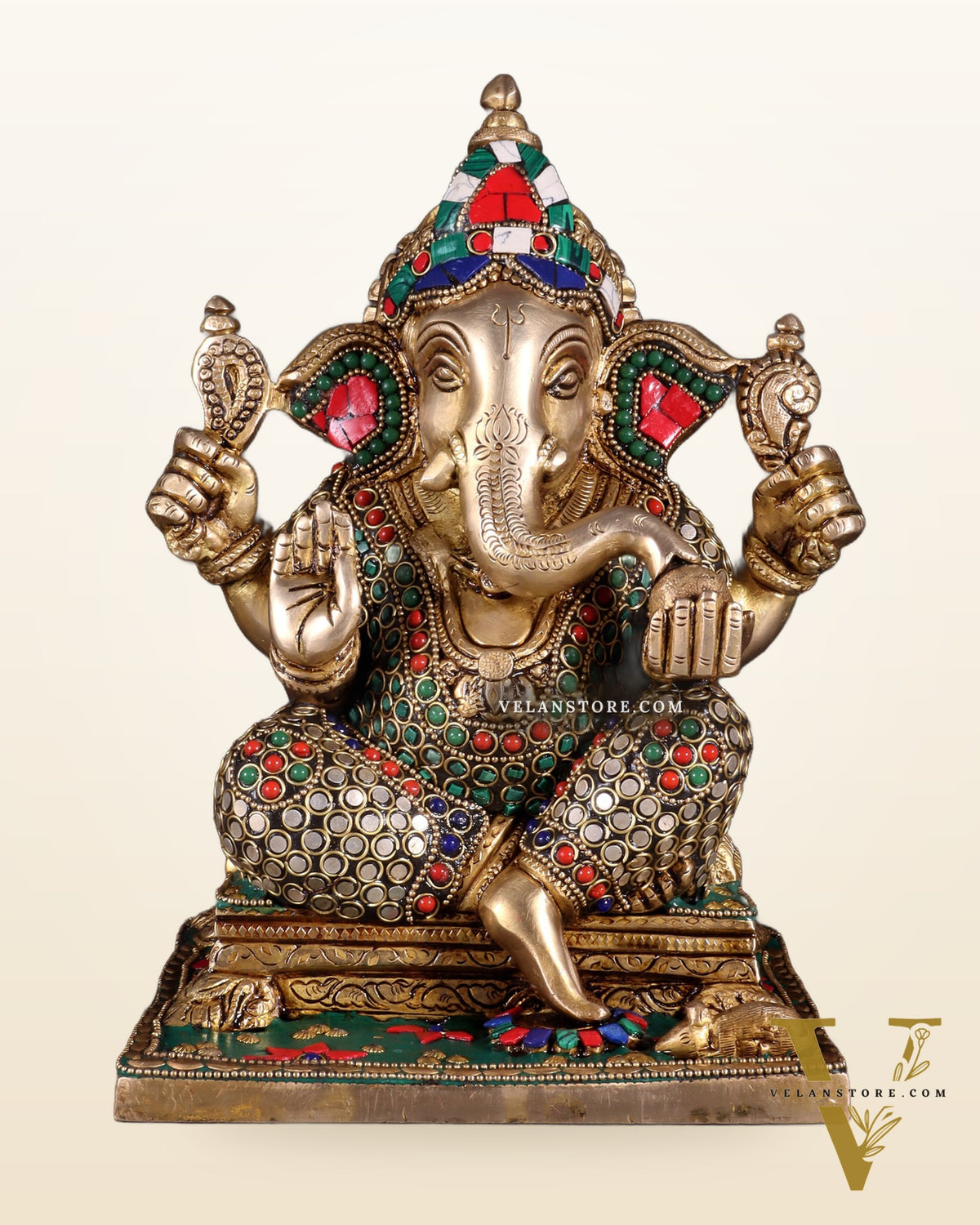Ganesha Brass statue stonework 9.5 inch
