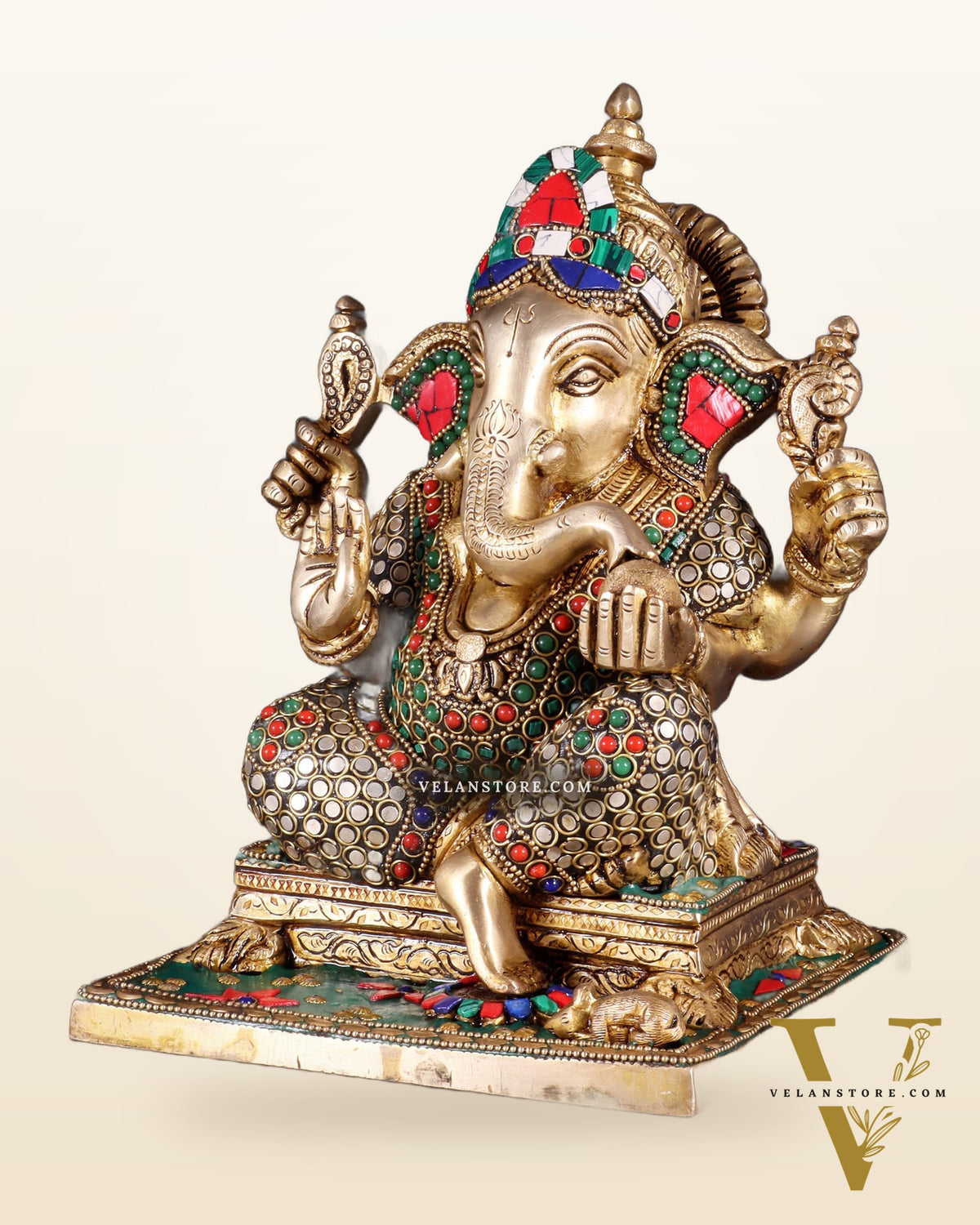 Ganesha Brass statue stonework 9.5 inch
