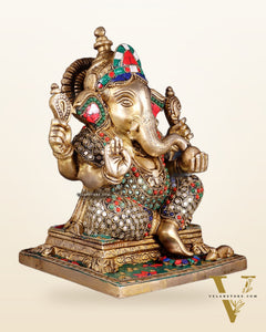Ganesha Brass statue stonework 9.5 inch
