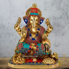 Ganesha brass statue with modak and mouse 13" Stonework