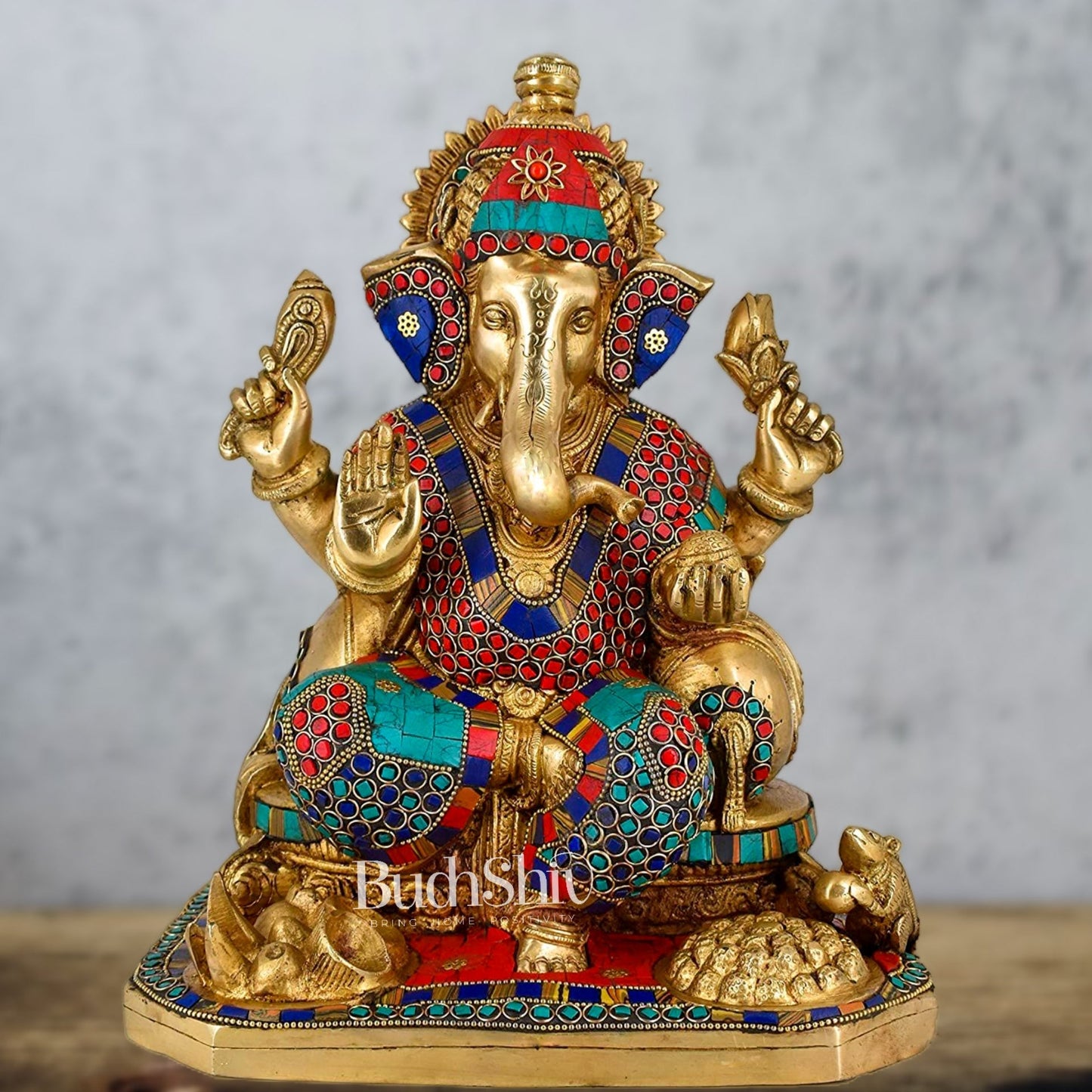 Ganesha brass statue with modak and mouse 13" Stonework