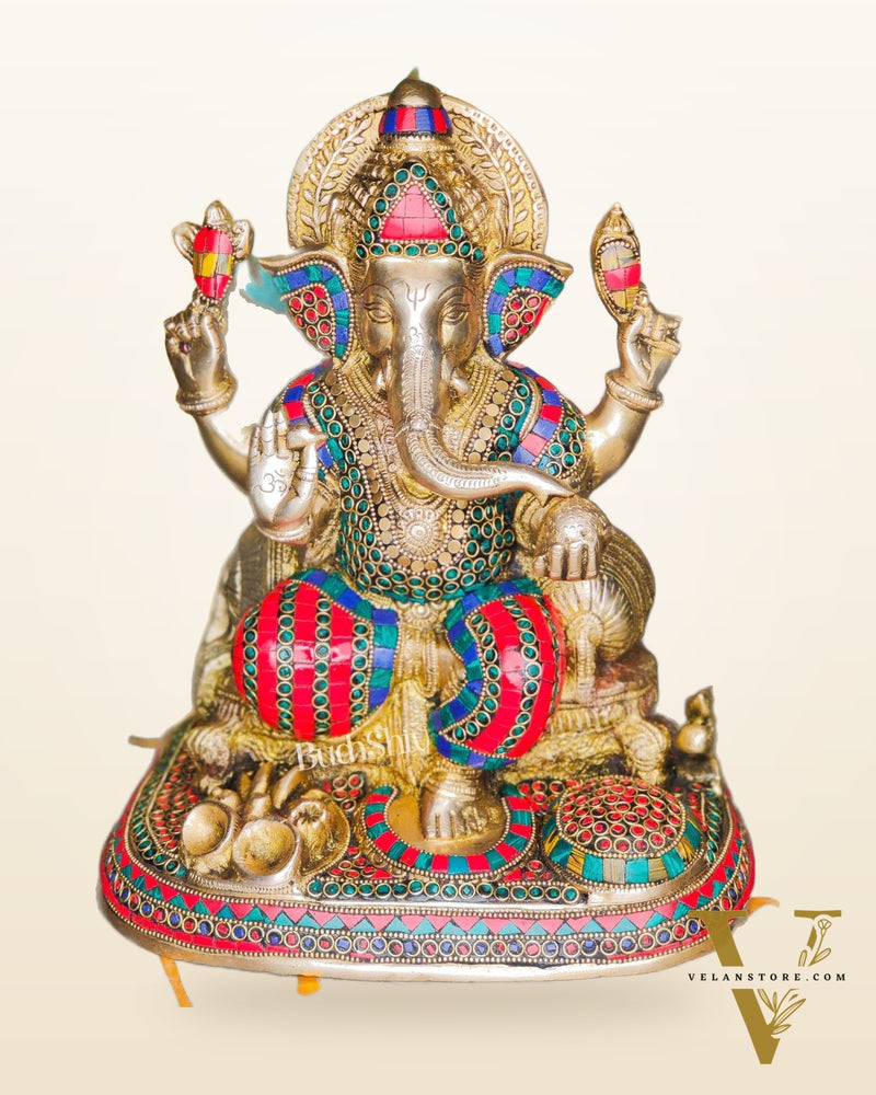 Ganesha Brass statue with stonework 13 inch