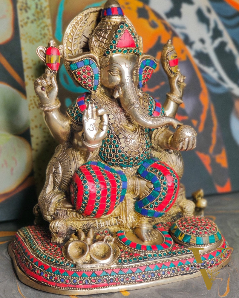 Ganesha Brass statue with stonework 13 inch