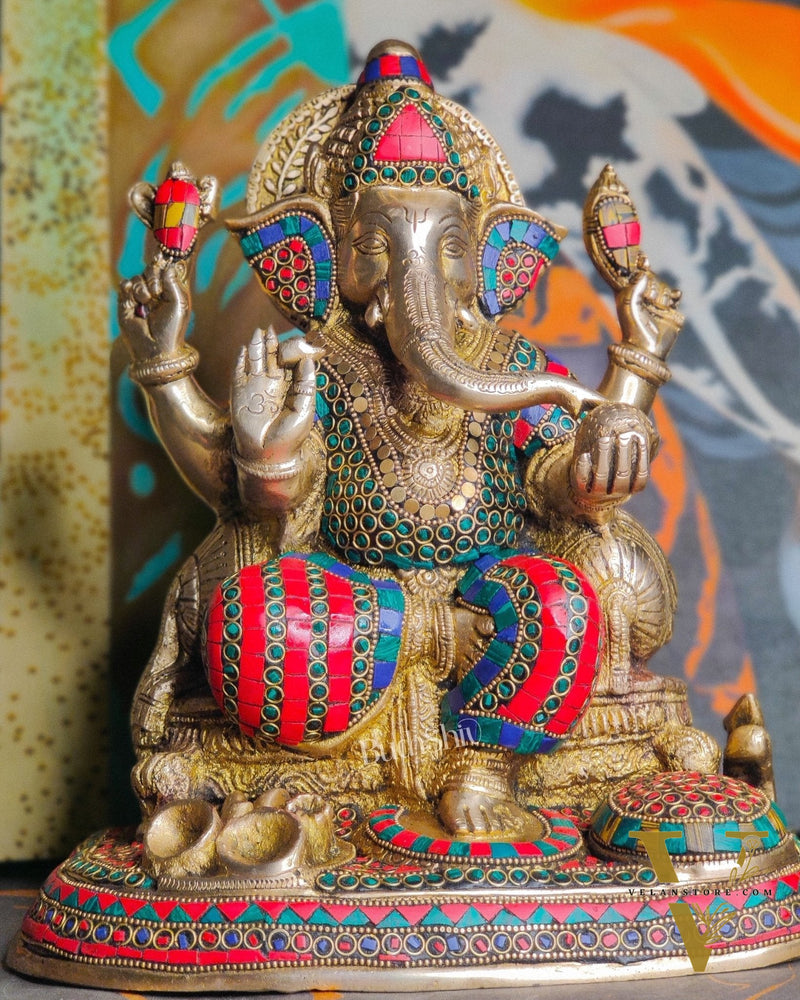 Ganesha Brass statue with stonework 13 inch