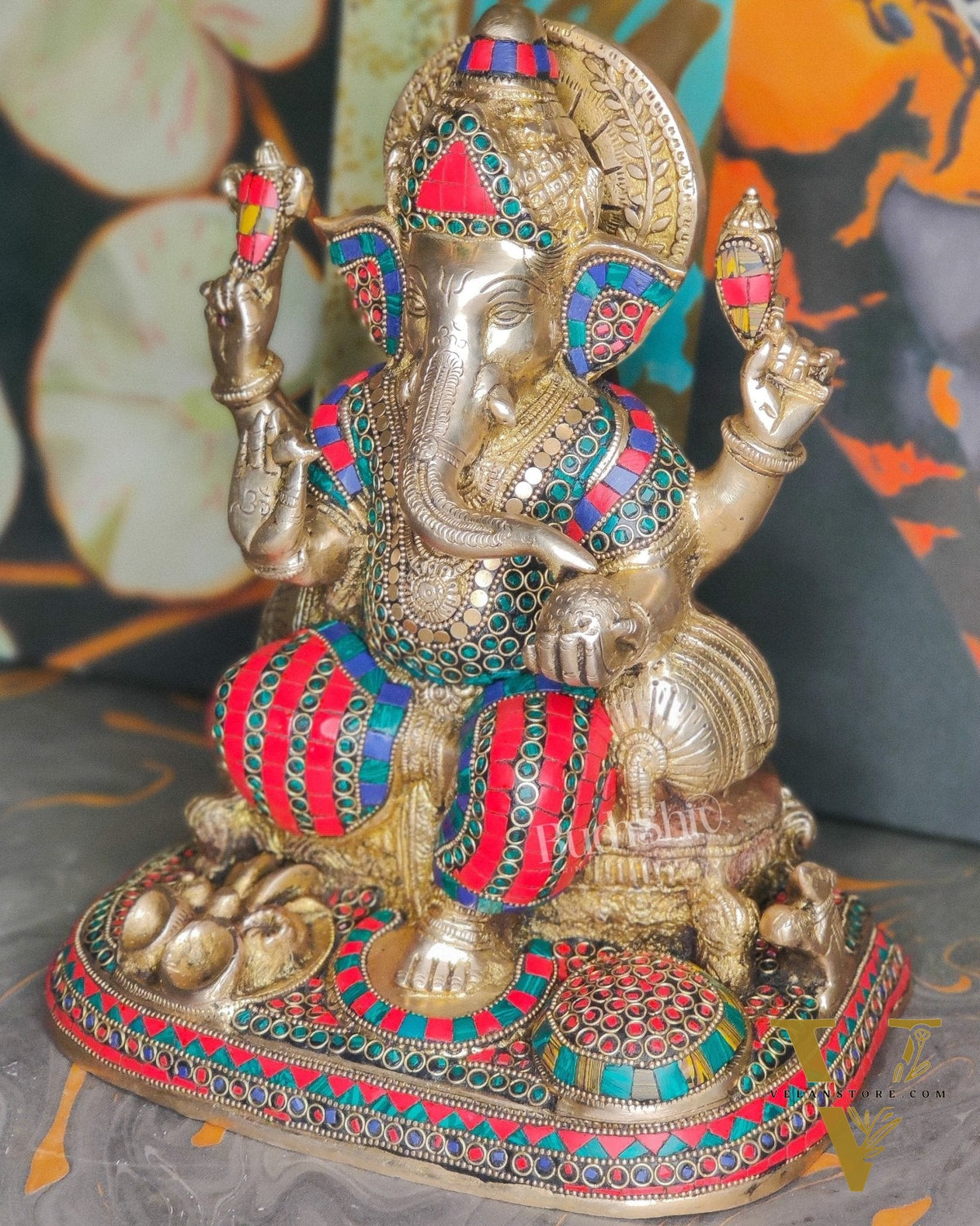 Ganesha Brass statue with stonework 13 inch