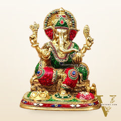 Ganesha Brass statue with stonework 13 inch unique meenakari
