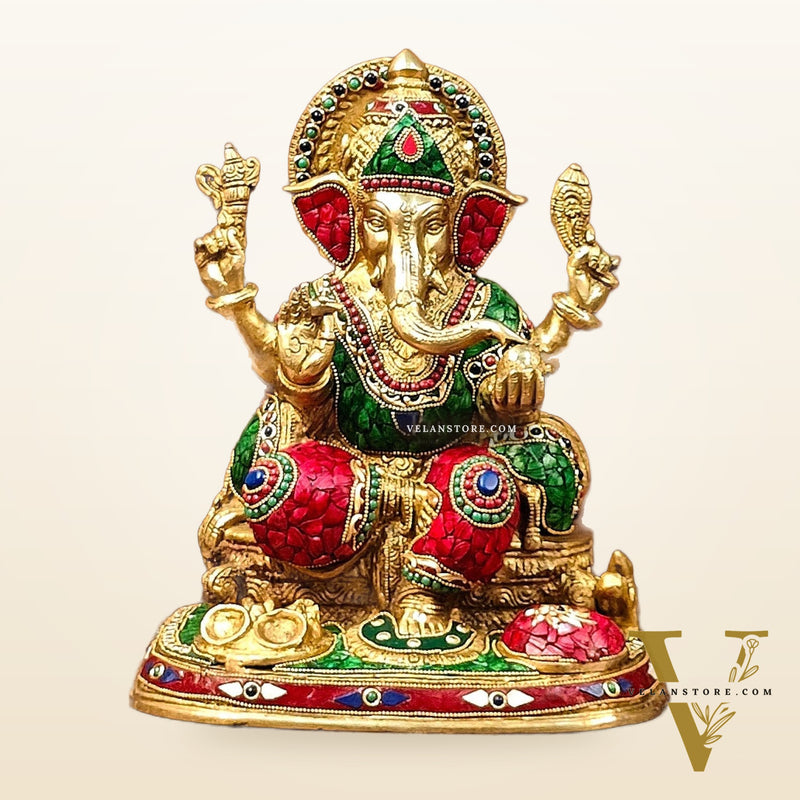 Ganesha Brass statue with stonework 13 inch unique meenakari
