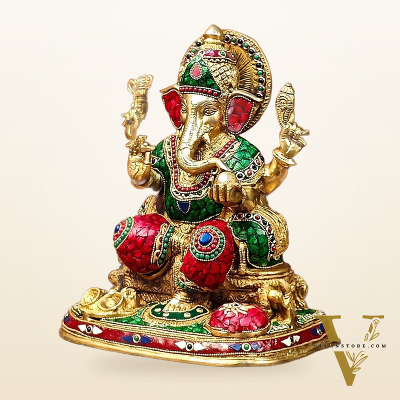 Ganesha Brass statue with stonework 13 inch unique meenakari