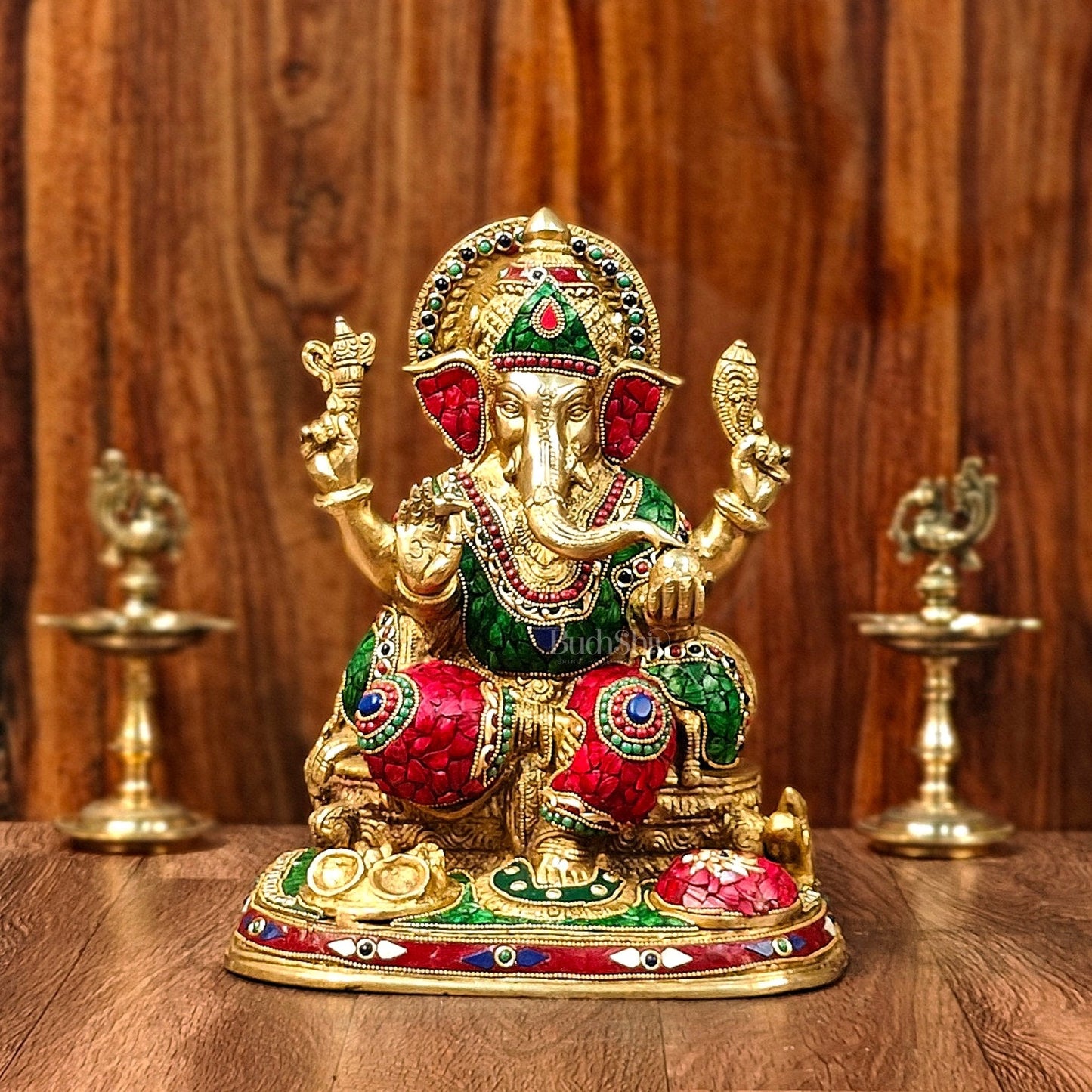 Ganesha Brass statue with stonework 13 inch unique meenakari