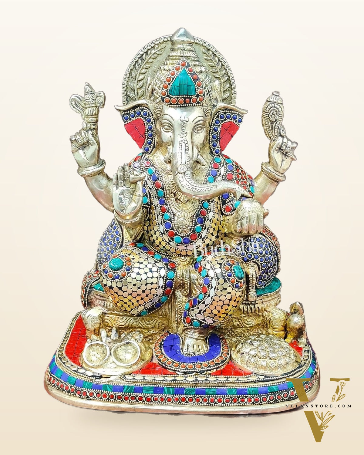 Ganesha Brass statue with stonework 13 inch