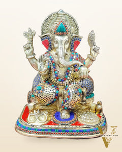 Ganesha Brass statue with stonework 13 inch