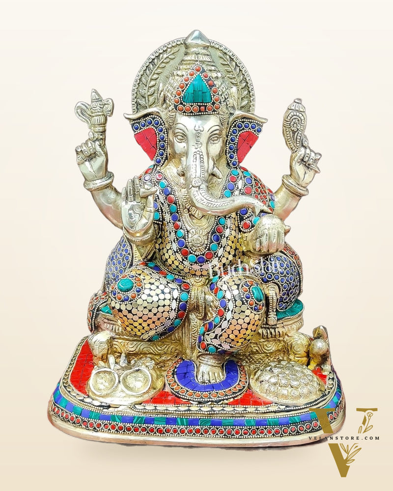 Ganesha Brass statue with stonework 13 inch