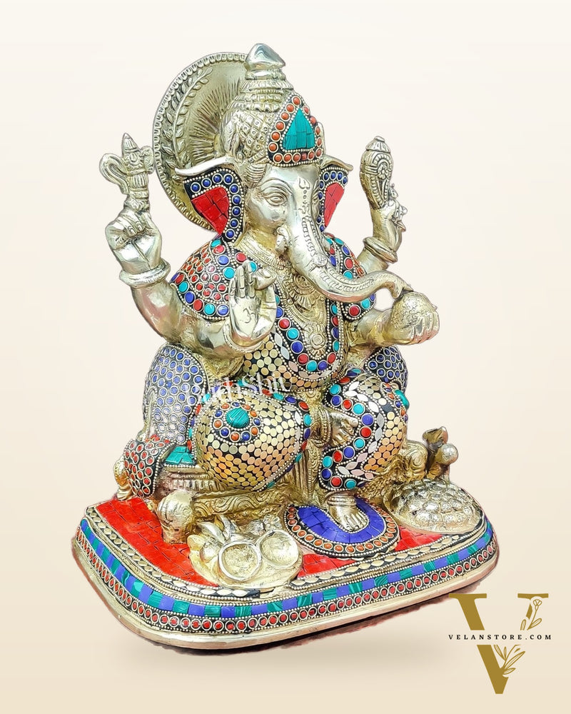 Ganesha Brass statue with stonework 13 inch