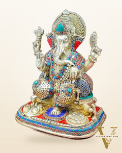 Ganesha Brass statue with stonework 13 inch