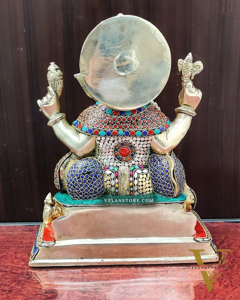 Ganesha Brass statue with stonework 13 inch