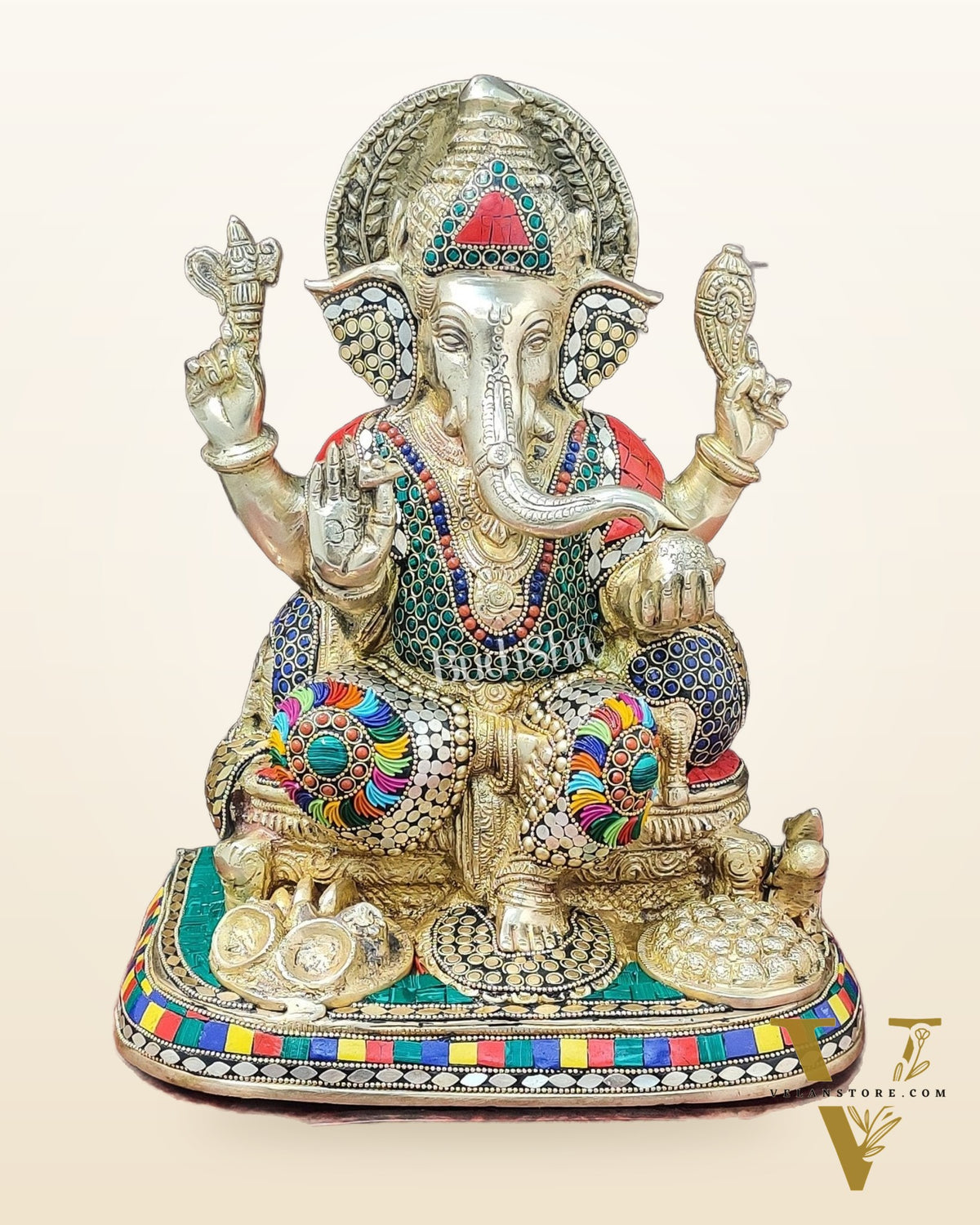 Ganesha Brass statue with stonework 13 inch